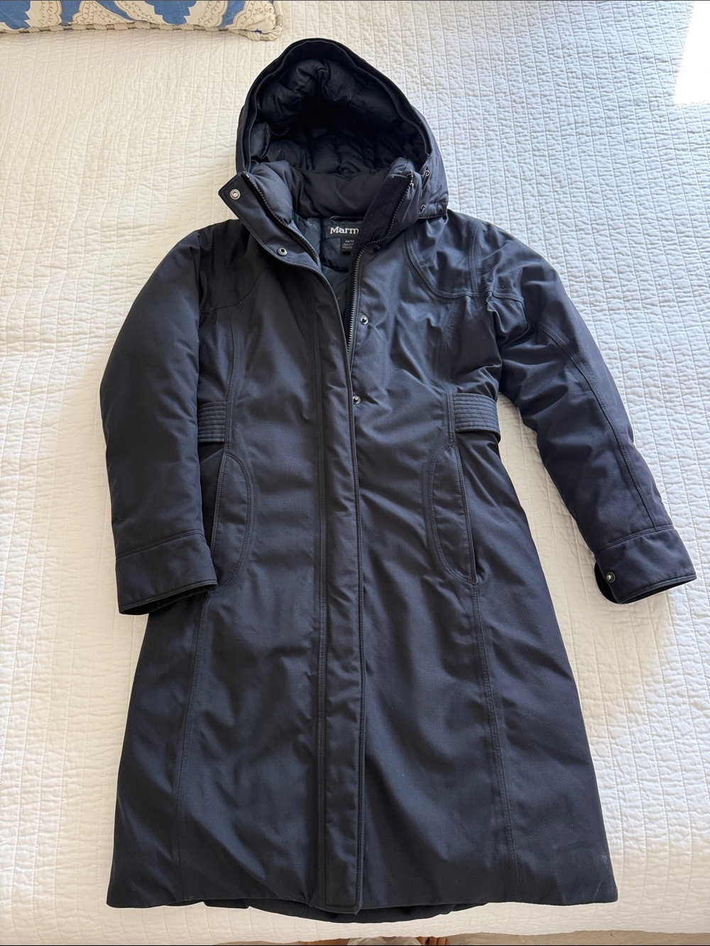 Marmot Long Hooded Winter Coat in Navy SZ XS 650 Fill
